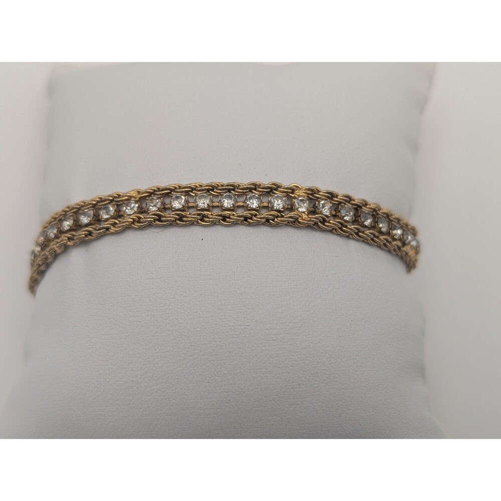 Vintage Gold Tone Double Rope Chain Rhinestone Tennis Bracelet 8" Sparkly Bling